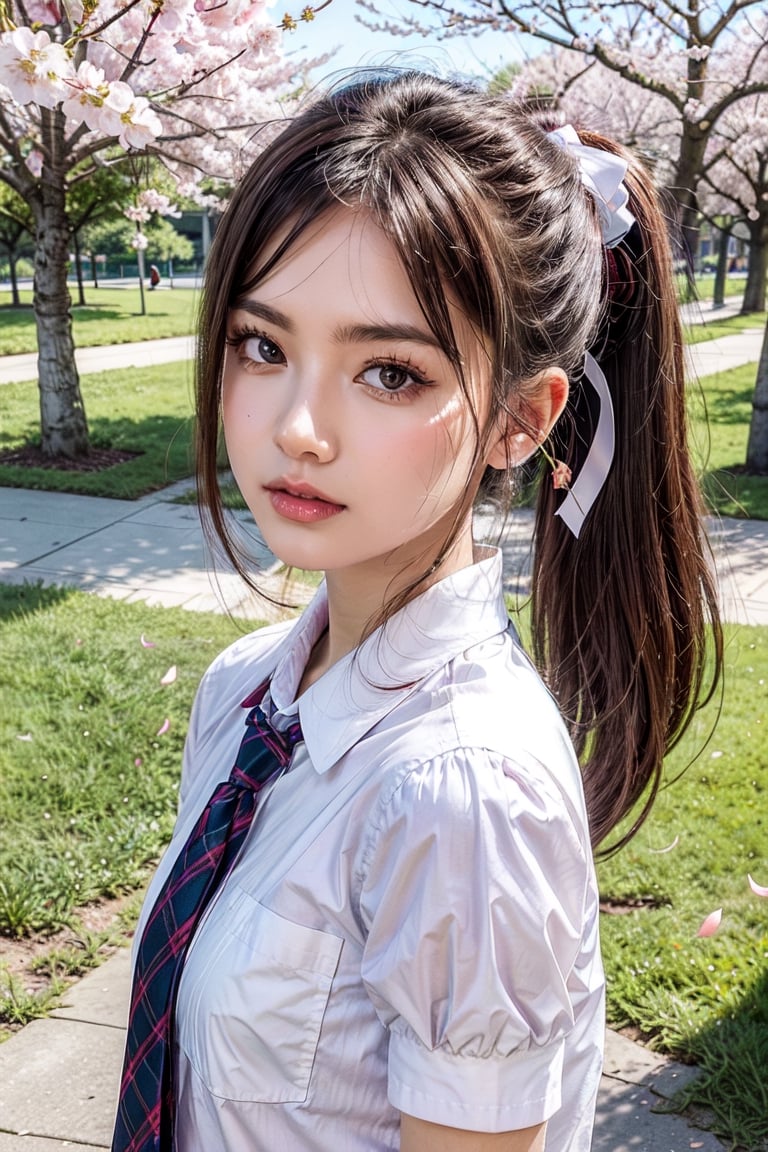 16 year old girl, close-up of face, (super cute high school girl), short, highest quality, 32K, real, high definition, detail, high resolution, medium hair, white blouse with a small ribbon on the collar, white skin, ponytail , a grassy park, many cherry blossom trees, (a girl looking at a large cherry tree in full bloom), (cherry blossom petals spread across the screen), a bright blue sky and the sun, a happy and beautiful smile, shining eyes, elegance, fantasy, sharp focus, fractal art,high_school_girl