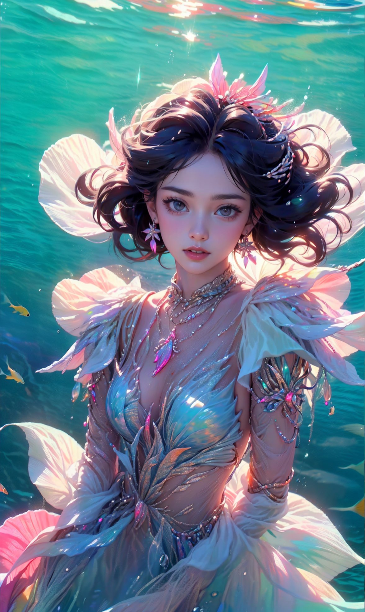 (16K, Raw Photo, Best Quality, Masterpiece: 1.2), Sexy and cute 18 year old mermaid, Slender beauty, ((Upper body))), (Swimming freely in the water), Beautiful coral reef and school of colorful fish, Smiling face, Sparkling hair, Delicate facial features, Simple and small earrings, Necklace, Fringe rain, (Beautiful big eyes), Well-proportioned face, Well-proportioned eyes, Sparkling highlights in eyes, Glossy lips, White skin, Realistic hands, Photorealistic, Ultra-detailed, Finely detailed, High resolution, Perfect dynamic composition, Digital art, Digital illustration, 350mm telephoto, Shallow depth of field, Out of focus background, Realistic rendering, Unreal Engine, Fine details, (Noise reduction), (Physiologically correct body), (Correct 5 fingers), (Correct 2 hands), Dream girl, Mermaid,glittering