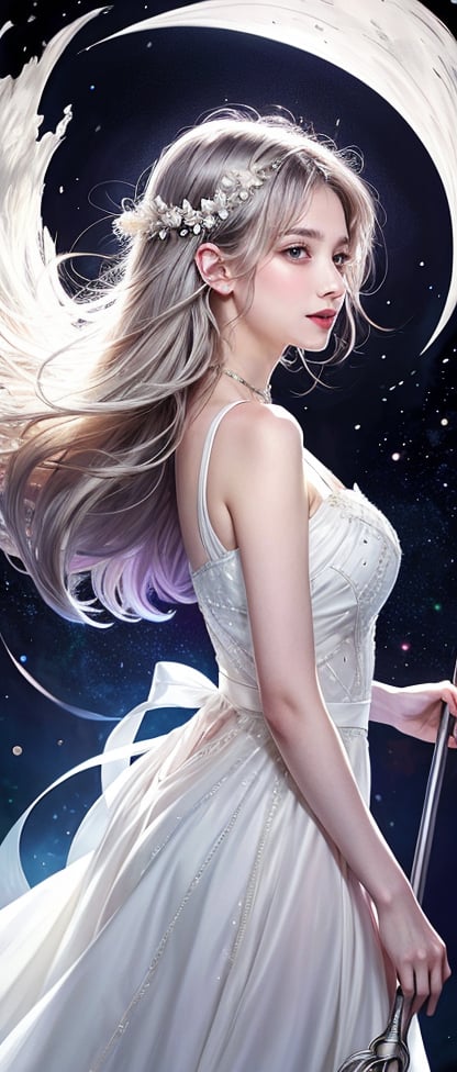 (Side view), looking at us, (A slender, cute goddess with a glowing aura stands on a cliff), (Her supple silver hair sways in the wind, holding a beautiful, shining spear pointed high towards the sky), (Light emerges as a circular holographic wave energy above her head), high bangs, a gentle smile, her large, well-shaped eyes shining with highlights, gently shaped eyebrows, a round nose, plump cheeks and lips, a pale light illuminating her white skin, she is wearing a detailed embroidered dress like a celestial maiden, her lively expression makes the presence of the magic circle more real. Perfect hands and fingers, HD, digital art, digital illustration, 350mm telephoto,