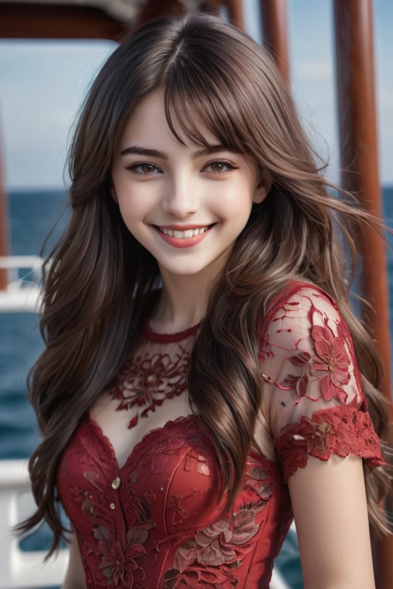 (Top Quality, 8K, High Resolution, Masterpiece), Ultra Detailed, A girl standing on the deck of a cruiser, A beautiful 16 year old female with perfect details, (Upper Body), Natural Beautiful White Skin, (Putting her hands on the railing, squinting and smiling, looking into the distance), Round face, Dark brown eyes with highlights, Lip Filler, Perfect body lines, Detailed glossy lips, High bangs, (Detailed mesh hair blowing in the wind), Wearing a beautiful red dress that catches everyone's eye, Sea and sky in the background, (Accurate Anatomy), Perfect Hands, HD, Shallow Depth of Field,