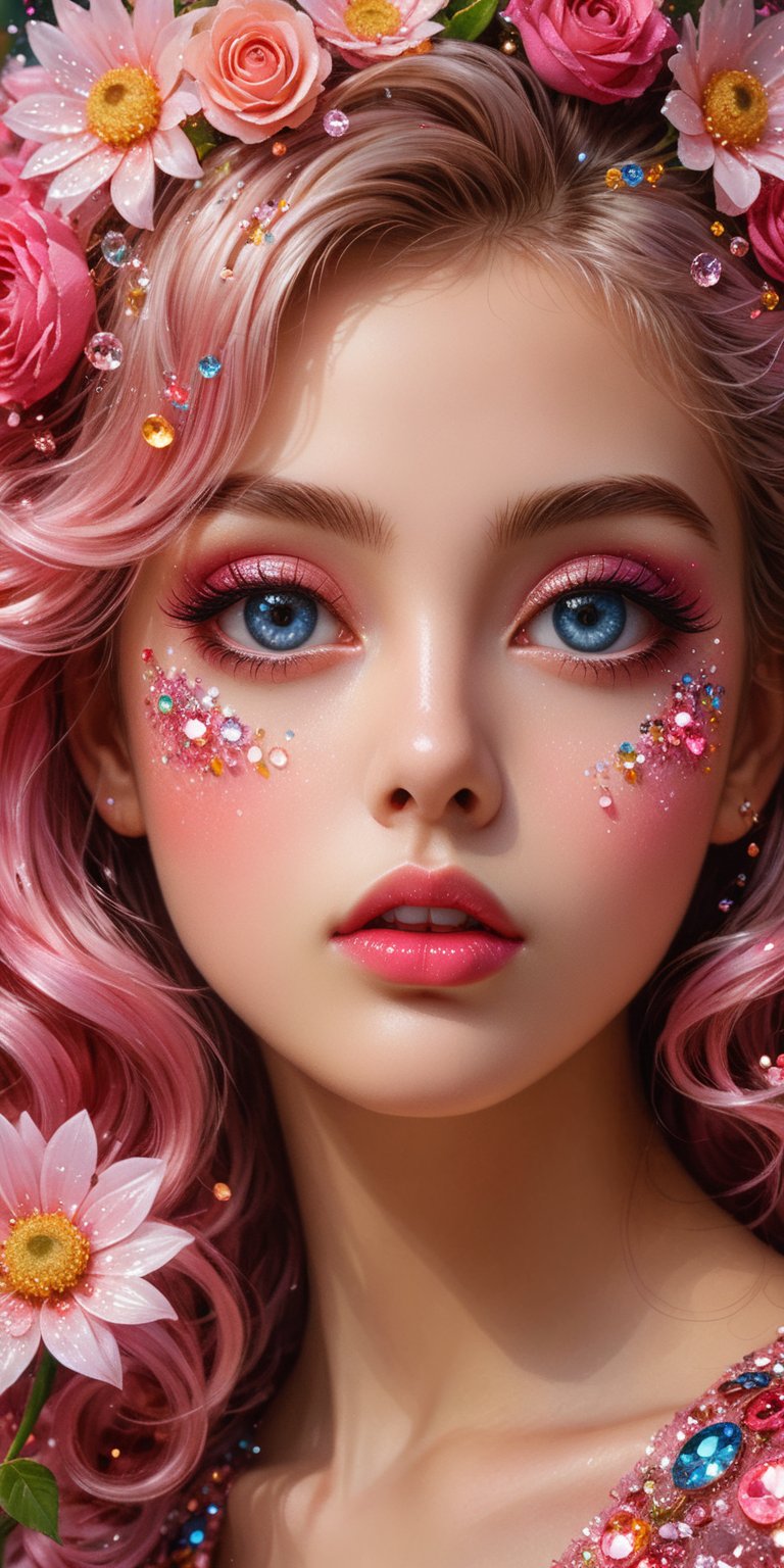 Transparent splash art, digital oil painting, 18 year old girl from another world, big eyes that shine like rubies, glittering eyeshadow, white skin, lip filler, gloss pink lipstick, baroque, colorful curly hair, beautiful flowers, fractal art, glitter, nature,
Top quality, masterpiece, high resolution, perfect lighting, vibrant colors, intricate details, high definition skin,