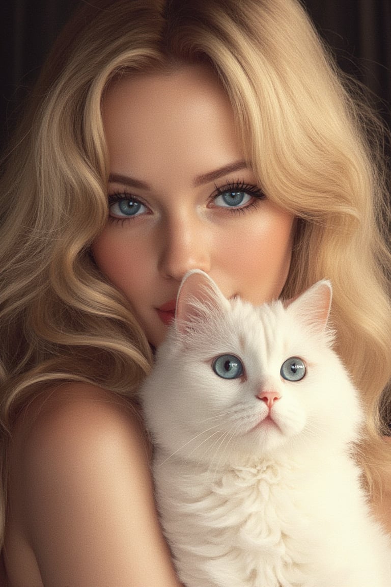 A very beautiful girl, (eyes are blue, vivid and bright, naturally long and dense eyelashes make the eyes more vivid and beautiful, incomparable), beautiful golden silky long wavy moist hair, elegant woman holds a white cat, (shiny moist hair reflects light and shadow),  stylish own room is the background, ((masterpiece: 2.5)), medium shot, shoulders exposed, expression that captivates the viewer, ((stunning image: 1.5)), ink painting style, official art. 