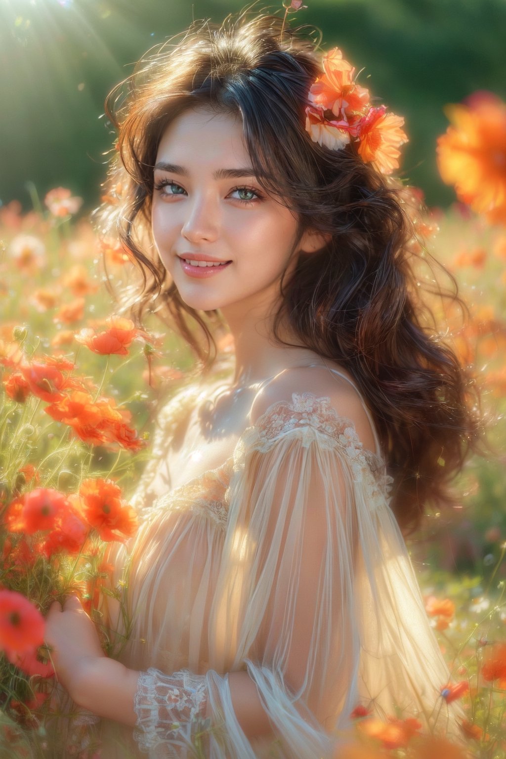 (Masterpiece, Realistic, 16K), Cinematic Lighting, Sunlight and Shadows, Ultra Realistic Photography, Pastel Background and Blur, Exquisite Detail and Texture, Natural, (Wind: 0.5), Dynamic Angle of View, Bright Light and Shadow Grains, Color 130mm Lens, Chrome Film, Film Grain Effect, Self Portrait, japanese girl standing on hill with poppies, solo, (((close-up of face smiling and looking at flowers))), long hair, dark hair, long sleeves, dress, flowers surround her, outdoors, morning sky,