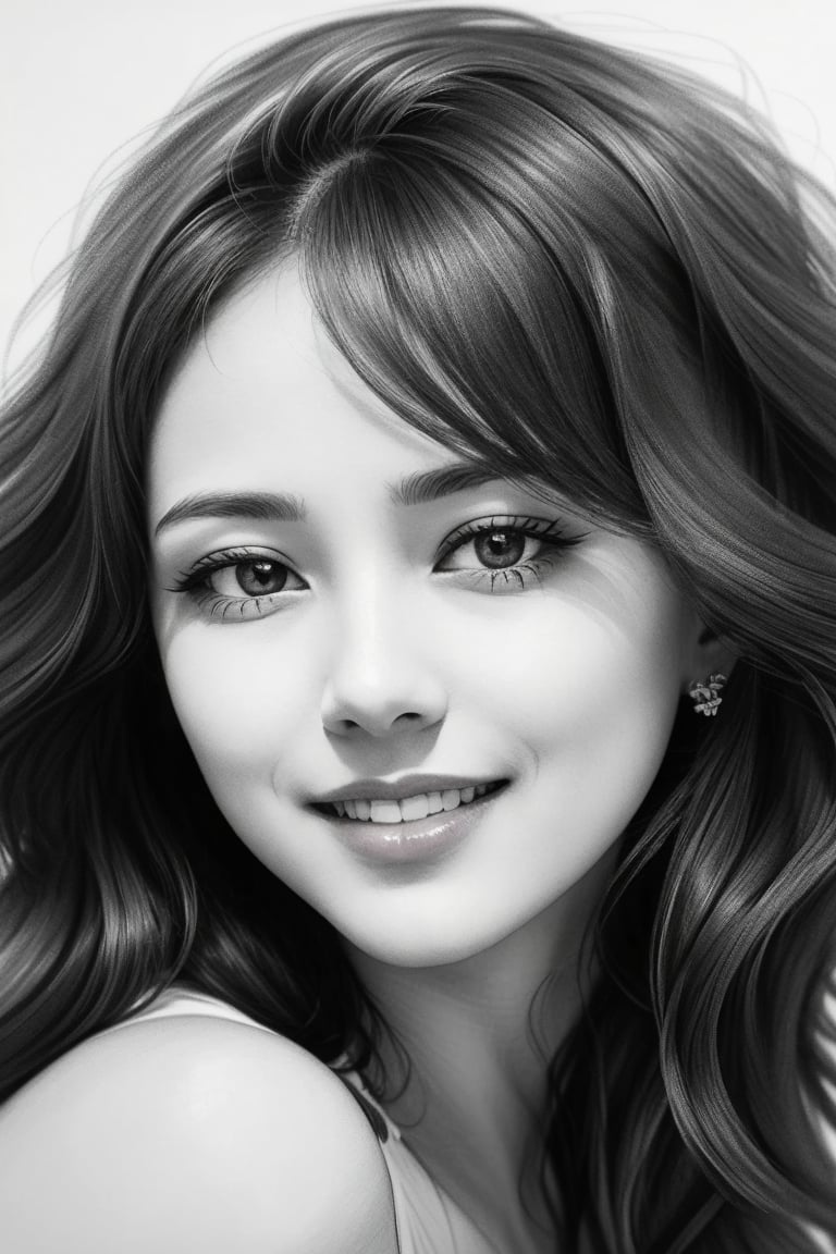 (Very simple line sketch), Cute girl portrait, in frame, smiling face, big eyes with highlights, lip filler, ((Hair blowing in the wind is beautifully expressed)), Simple face close-up, drawing lines, delicate touch, (Portrait sketch: 1.2), Rough sketch, (Line drawing: 1.2), White paper, Black and white, Monochrome,