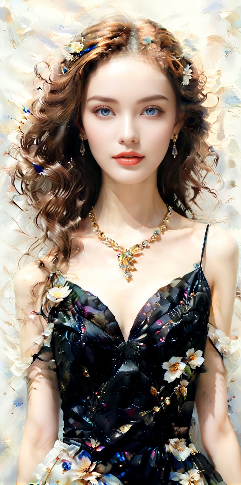 score_9, score_8_up, score_7_up, Photo, (Breathtakingly beautiful 20-year-old woman resembling Fan Bingbing), Ultra-realistic, HD, (Head-to-toe illustration), Perfectly shaped face, beautiful big eyes, white skin, perfect figure, walking lightly in a fashion show, silky brown hair, colorful long dress with multiple layers of silk and split front, (Necklace and earrings shining in the spotlight), Beautiful flowing hair, digital art, detailed watercolor painting,Expressiveh,Flower queen