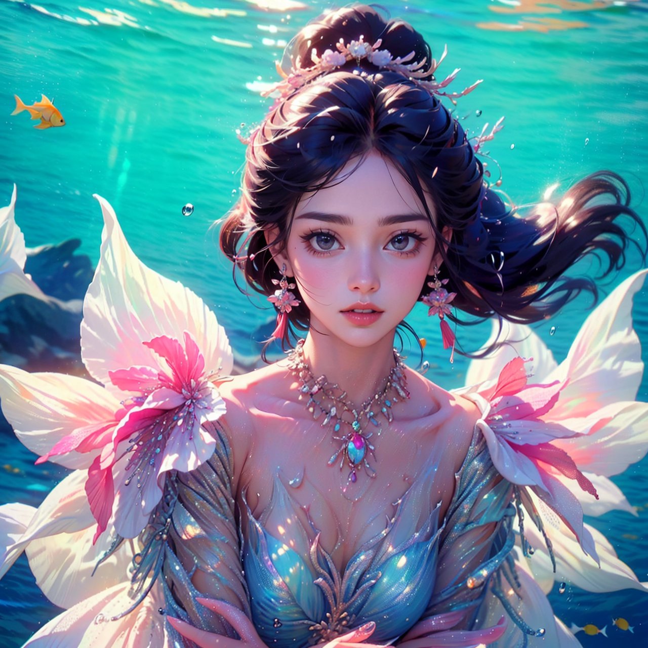 (16K, Raw Photo, Best Quality, Masterpiece: 1.2), Sexy and cute 18-year-old Otohime, Slender beauty, ((Upper body))), (Swimming freely in the water), Beautiful coral reef and school of colorful fish, Smiling face, Sparkling hair, Delicate facial features, Simple and small earrings, Necklace, Fringe rain, (Beautiful big eyes), Well-proportioned face, Well-proportioned eyes, Sparkling highlights in eyes, Glossy lips, White skin, Realistic hands, Photorealistic, Ultra-detailed, Finely detailed, High resolution, Perfect dynamic composition, Digital art, Digital illustration, 350mm telephoto, Shallow depth of field, Out of focus background, Realistic rendering, Unreal Engine, Fine details, (Noise reduction), (Physiologically correct body), (Correct 5 fingers), (Correct 2 hands), Dream girl, Mermaid