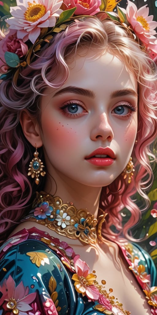 Transparent splash art, digital oil painting, 18 year old girl from another world, big eyes that shine like rubies, glittery eyeshadow, white skin, lip filler, gloss pink lipstick, baroque, colorful curly hair, beautiful flowers, glitter, nature,
Top quality, masterpiece, high resolution, perfect lighting, vibrant colors, intricate details, high definition skin,