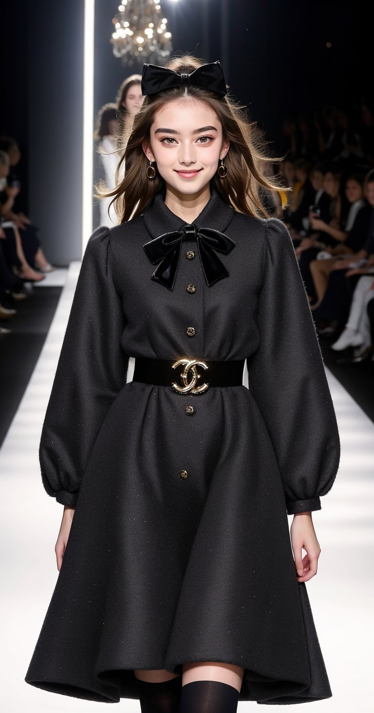 In this exquisite masterpiece, a super-detailed 8K illustration of a 16-year-old girl walking down a fashion runway, her beautiful, shiny soft chestnut hair frames her smile. Her round face radiates warmth, her large, well-defined eyes highlight the pupils and her gently shaped eyebrows. She has a plump nose and lips on top of her pale skin. She strides along wearing Chanel's latest designer dress with a large black bow in the latest colorful pattern, and sparkling oversized accessories. The artwork is full of delicate and colorful touches, reflecting the magical existence of the girl through her vitality and lively expression. Sparkling, fantastical lighting illuminates the scene, making it seem as if you are immersed in the magic of the movie.