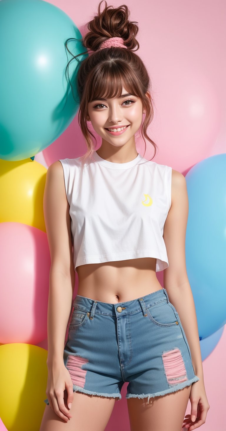 Head to thigh shot, minimalist illustration, ((18-year-old girl with a wall full of pink, yellow, light blue, etc.)), cute and proud smile, (colorful colors), (masterpiece, HD, 8K, highest quality),
detailed sleeveless T-shirt, jean shorts, pink sneakers, etc., delicately drawn facial expression, (mesh brown hair tied up casually), (high top hair), slim body, flat stomach, (beautiful white skin), light makeup, juicy lips, big eyes, delicate facial features, lively beautiful girl, 350mm telephoto, shallow depth of field, realistic rendering, realistic rendering, Unreal Engine, exquisite details, (noise reduction), correct limbs, correct five fingers,