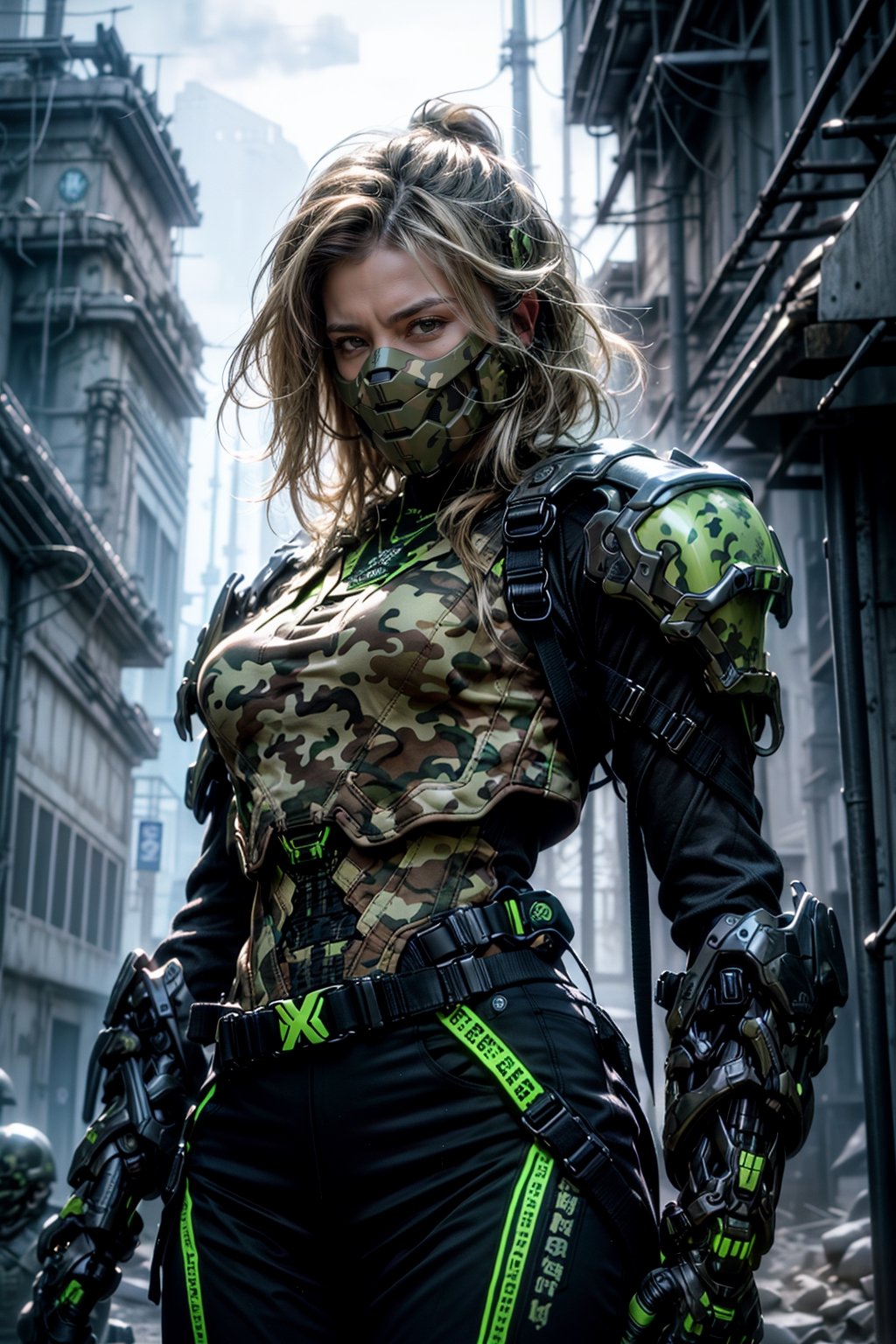 character portrait of a big fitness female warrior in halo ((Camouflage armor)) in a desolate cyberpunk wasteland city, 8 k, realistic shading, concept art, digital painting, illustration, matte painting, moody lighting, sharp focus, minimal artifacts