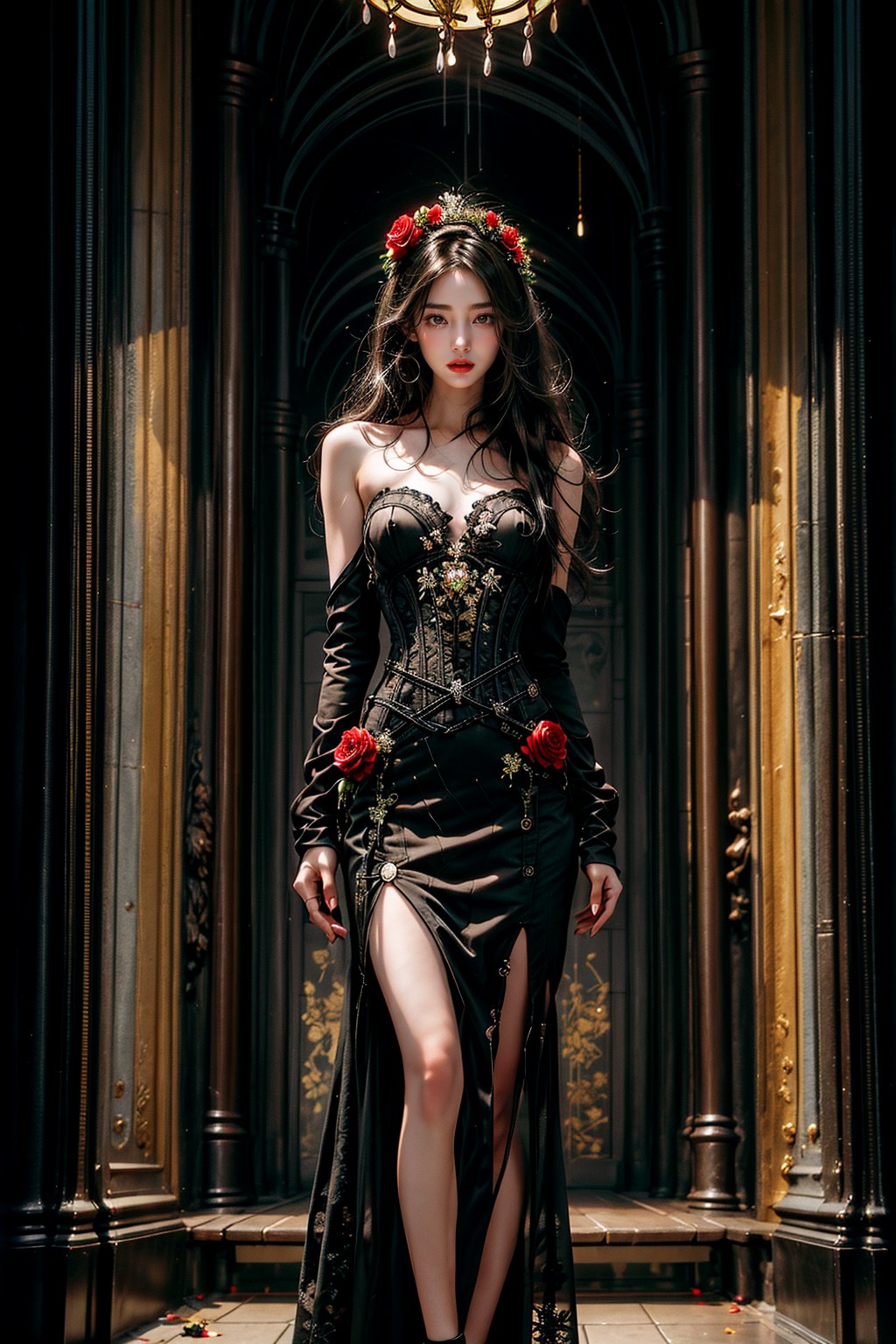 1girl, solo, long hair, breasts, black hair, hair ornament, dress, bare shoulders, very long hair, standing, full body, flower, artist name, indoors, hair flower, lips, strapless, rose, watermark, web address, corset, stairs, realistic, arms at sides, red lips, candle, pillar, candlestand, column, candlelight