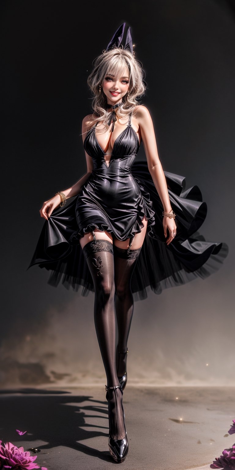 short black dress, lace, detailed stockings, ruffles, black ribbons, black heels, plunged dress, plunging neckline, bracelets, smiling, sparkling jewelry, high thighs, elegant, sparkling jewelry, glossy dress, fashionable, glitter on face, flower detail stockings ,More Detail