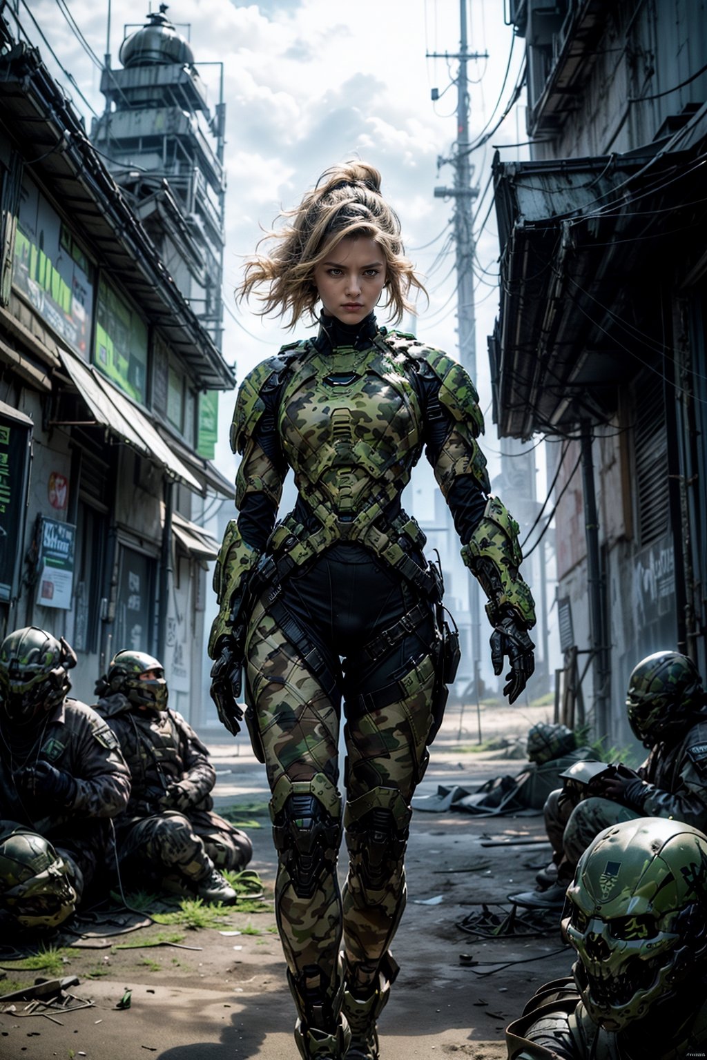 character portrait of a big fitness female warrior in halo ((Camouflage armor)) in a desolate cyberpunk wasteland city, 8 k, realistic shading, concept art, digital painting, illustration, matte painting, moody lighting, sharp focus, minimal artifacts