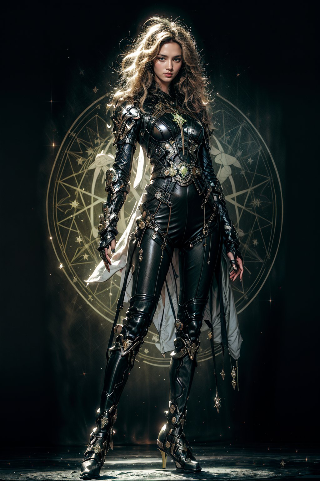 Generate a super exquisite image of a magical female warrior (supermodel). She stands on the magic circle of a six-pointed star, with her hands raised to cast strong magic, space background, magic special effects, light particles,Illustration