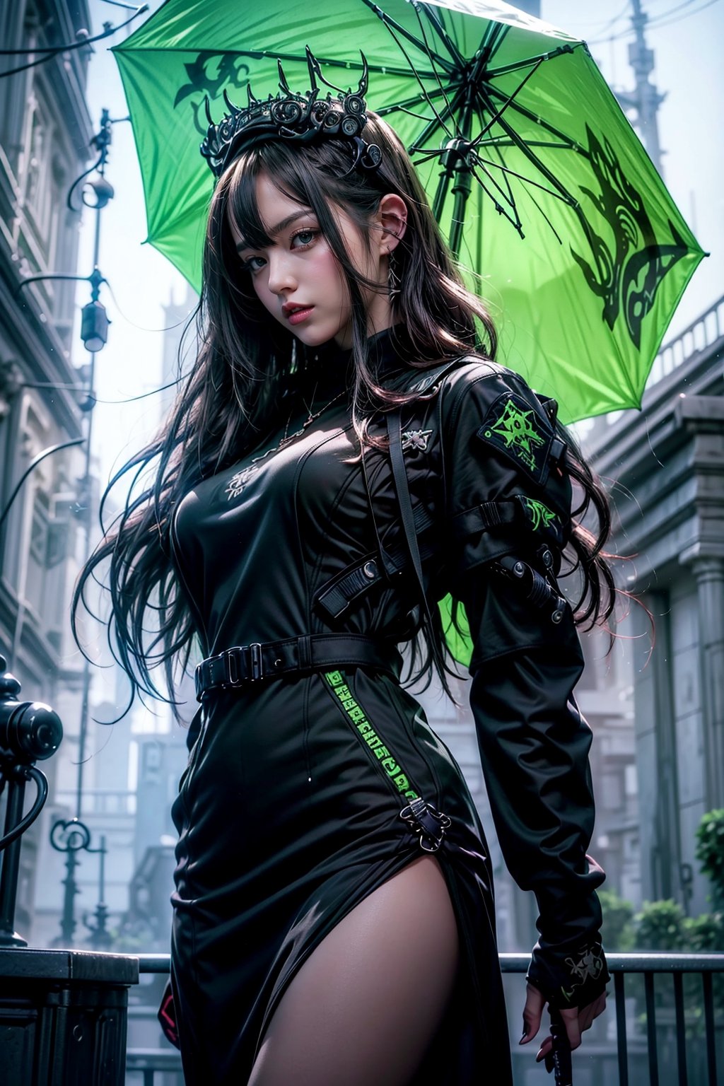 Masterpiece, Best quality, Photorealistic, Ultra-detailed, finedetail, high resolution, 8K wallpaper, anime girl in a black dress with a green umbrella, artwork in the style of guweiz, made with anime painter studio, fine details. girls frontline, painted in anime painter studio, demon slayer rui fanart, anime visual of a cute girl, anime girl wearing a black dress, by Jin Homura, anime visual of a young woman, girls frontline cg