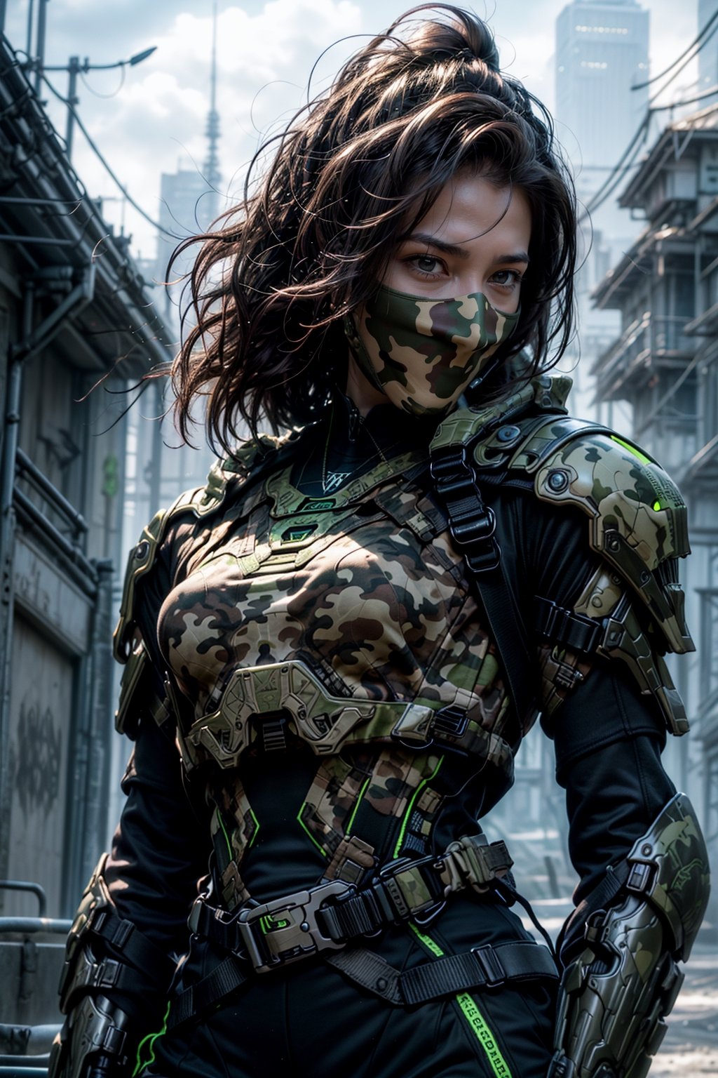 character portrait of a big fitness female warrior in halo ((Camouflage armor)) in a desolate cyberpunk wasteland city, 8 k, realistic shading, concept art, digital painting, illustration, matte painting, moody lighting, sharp focus, minimal artifacts