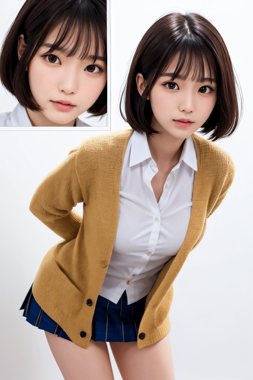 UHD, retina, Masterpiece, ccurate, Anatomically accurate., textured skin, super detaill, high detailed, High Quality, Award-Standing, Best Quality, high resolucion, 4k,Women over 20 years of age,adult woman,pixie cut, bangs,Beautiful Woman in Japan、beautiful asian woman、Beautiful Korean Woman、Sexual facial expressions,sexy poses,beautifull face,Black eyes,white skinned,small mouth,High cheekbones (definition), Sexy Pose,(leaning forward:1.3),(realisitic:1.4),  1 beautiful Japanese girl, supermodel, ,realhands,


school uniform, blazer, cardigan, jacket, long sleeves, 

,hugging own legs,white panties,cameltoe,


