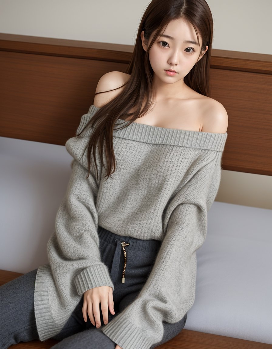 korean girl, 1girl, solo, sweater, sitting, looking at viewer, brown hair, off shoulder, brown eyes, long hair, breasts, off-shoulder sweater, bare shoulders, bench, lips, realistic, grey sweater, pants, sleeves past wrists, blurry