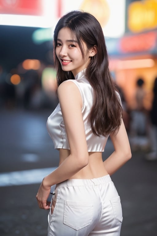 8K, Masterpiece, RAW photo, Best quality, Photorealistic, Extremely detailed Cg Unity 8K wallpaper, Depth of field, Cinematic light, Lens flare, Ray tracing, (Extremely beautiful face, Beautiful lips, Beautiful eyes), intricate detail face, ((ultra detailed skin)) 1girll, In the dark, deepshadow, Pretty Korean girl, Kpop idol, 1 girl, (Very slim and slender muscular body:1.3), ((view the viewer)),(Big smile:1.3), (Tight lace-up blouse), (Pink shirt), (Sleeveless) , (Fashion night, Dark night, (neon lights sign), (Blurred background), Fashion Street Night),(No one is in the background:1.3), Beautiful earrings, bangle, necklace, Pantyhose, Clear eyes, (Pale skin), (Big eyes), Face forward, ((upperbody shots)), ((Silk white pants:1.3)),(brown hairs),((Skinny silk pants)), (view the viewer:1.3) open breast, Very slim, Medium breasts, Turn Back, Back shot, , underwear_transparent, beautiful_fingers
