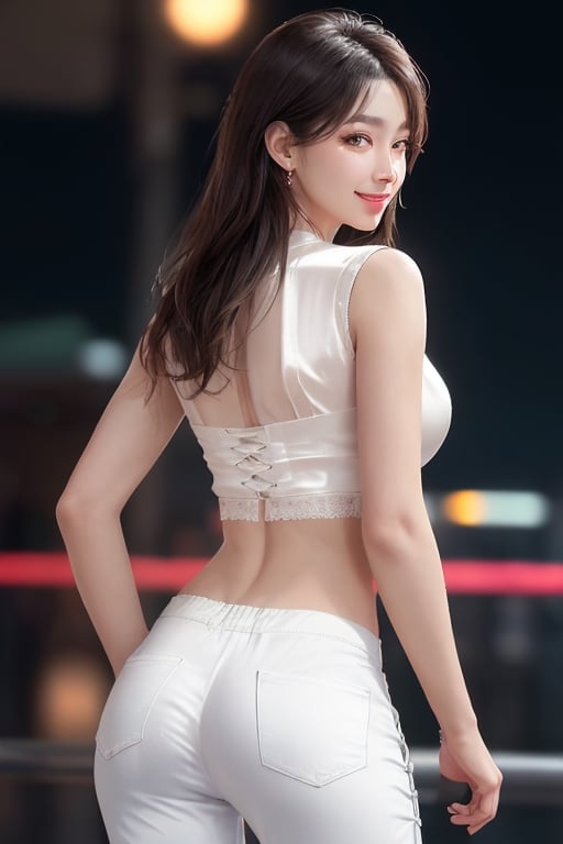 8K, Masterpiece, RAW photo, Best quality, Photorealistic, Extremely detailed Cg Unity 8K wallpaper, Depth of field, Cinematic light, Lens flare, Ray tracing, (Extremely beautiful face, Beautiful lips, Beautiful eyes), intricate detail face, ((ultra detailed skin)) 1girll, In the dark, deepshadow, Pretty Korean girl, Kpop idol, 1 girl, (Very slim and slender muscular body:1.3), ((view the viewer)),(Big smile:1.3), (Tight lace-up blouse), (Pink shirt), (Sleeveless) , (Fashion night, Dark night, (neon lights sign), (Blurred background), Fashion Street Night),(No one is in the background:1.3), Beautiful earrings, bangle, necklace, Pantyhose, Clear eyes, (Pale skin), (Big eyes), Face forward, ((upperbody shots)), ((Silk white pants:1.3)),(brown hairs),((Skinny silk pants)), (view the viewer:1.3) open breast, Very slim, Medium breasts, Turn Back, Back shot, , underwear_transparent, beautiful_fingers
