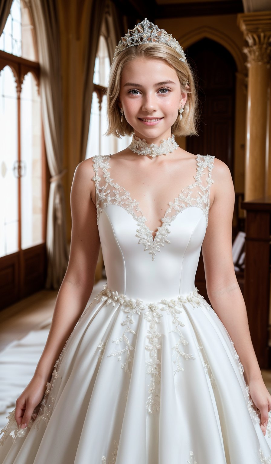 (realistic),((18 yo blonde teen girl . Full lips. Eyes wide. Very short hair,  well-trained body)),  sweaty skin,  short hair, Detailed skin texture, crystal clear
, Oily Skin , smile, sweaty skin
 , choker, , (((Pure white wedding dress,)))
,(((Princess gorgeous dress ))), Tiara, (((old castle))), blue gemstone earrings , ((A dress with embroidery and gorgeous decorations.))