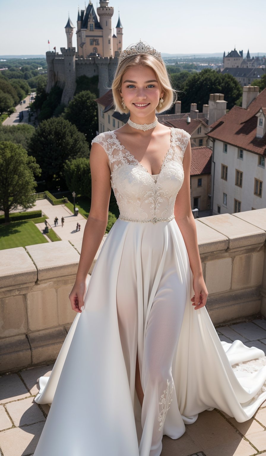 (realistic),((18 yo blonde teen girl . Full lips. Eyes wide. Very short hair,  well-trained body)),  sweaty skin,  short hair, Detailed skin texture, crystal clear
, Oily Skin , smile, sweaty skin
 , choker,(looking down on the crowd from the castle terrace) , (((Pure white wedding dress,)))
,(((Princess gorgeous dress ))), Tiara, (((old castle))), blue gemstone earrings , ((A dress with embroidery and gorgeous decorations.)), ((((surrounded by many people))))