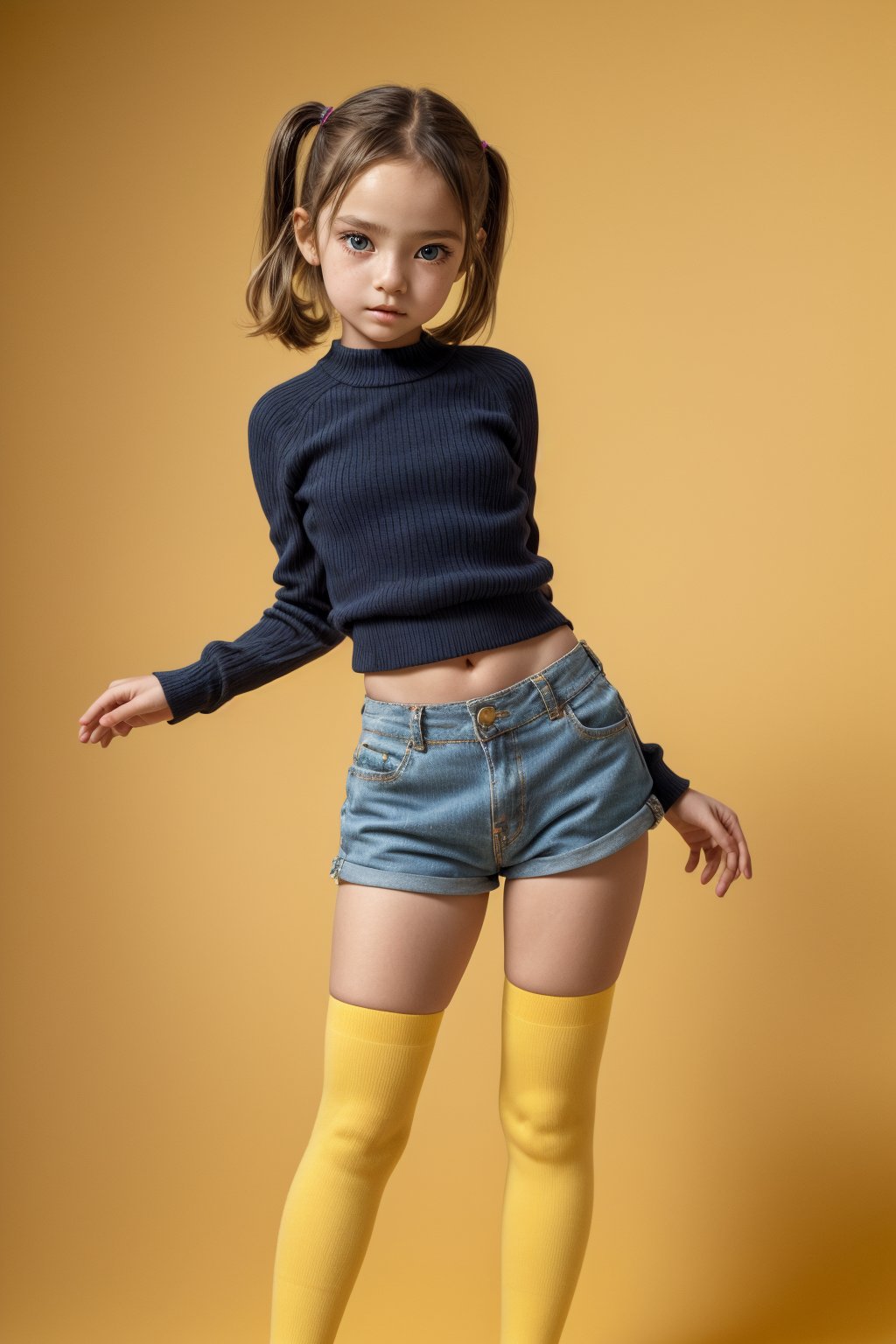 A young girl, around 11 years old, with a petite build and a mini-style, stands in alluring pose and the legs are slightly open. childish colorful wear with thigh high socks, looking down with a mixture of curiosity and embarrassment against a bright yellow background.(bright yellow background)(Beautiful face, 8K, HDR, Masterpiece, Hyperrealistic)