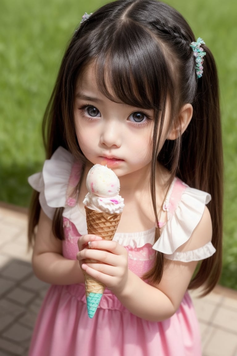 A masterpiece of innocence: a lone girl with luscious long hair and adorable dress gazes directly at the viewer from an overhead perspective, her expression a perfect blend of sulkiness and playfulness as she holds a colorful ice cream cone outside on a sunny day, her pouty frown adding to her irresistible charm.