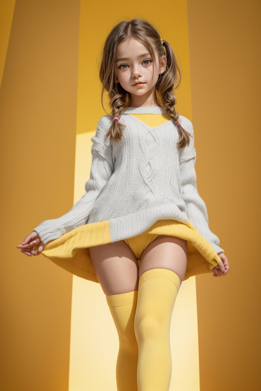 A young girl, around 11 years old, with a petite build and a mini-style, stands in alluring pose and the legs are slightly open. childish colorful wear with thigh high socks, looking down with a mixture of curiosity and embarrassment against a bright yellow background.(bright yellow background)voyeur(Beautiful face, 8K, HDR, Masterpiece, Hyperrealistic)