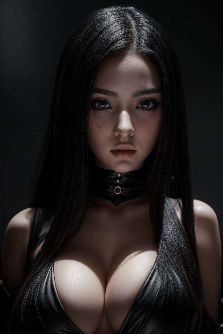 A haunting anime-style portrait of a seductress with a mesmerizing physique, set against a striking black and white smoky background. Her eyes gleam with an unsettling intensity, as if lit by the eerie glow of a nightmare. Every detail is rendered in crystal clarity, from the intricate folds of her attire to the subtle curves of her ravishing form. The overall atmosphere is one of dark fantasy, as if she's emerged from a bloody, sci-fi world where only the most fantastical and hyper-realistic creations can thrive. Shot in 8K resolution, this image is a masterpiece of futuristic hyperrealism, with a level of detail that borders on the uncanny.