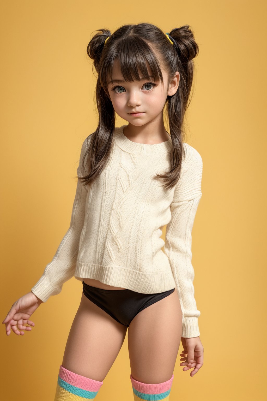 A young girl, around 11 years old, with a petite build and a mini-style, stands in alluring pose and the legs are slightly open. childish colorful wear with thigh high socks, looking down with a mixture of curiosity and embarrassment against a bright yellow background.(bright yellow background)