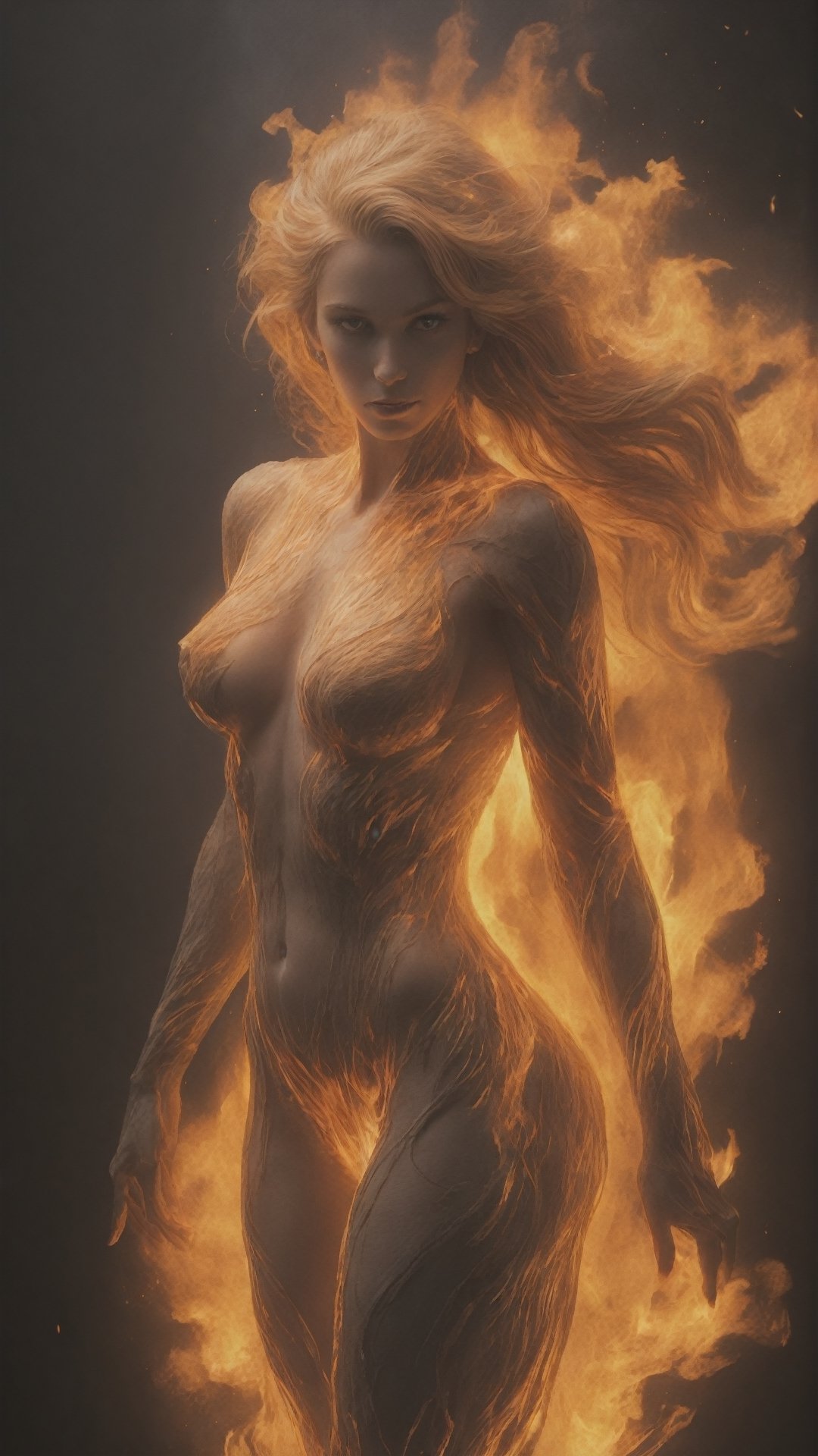 Fire Flames in shape of woman's body, flaming body, all made from fire, burning, fire, fantasy, dramatic lighting, whole body covered in flames, woman made from fire, dark, 