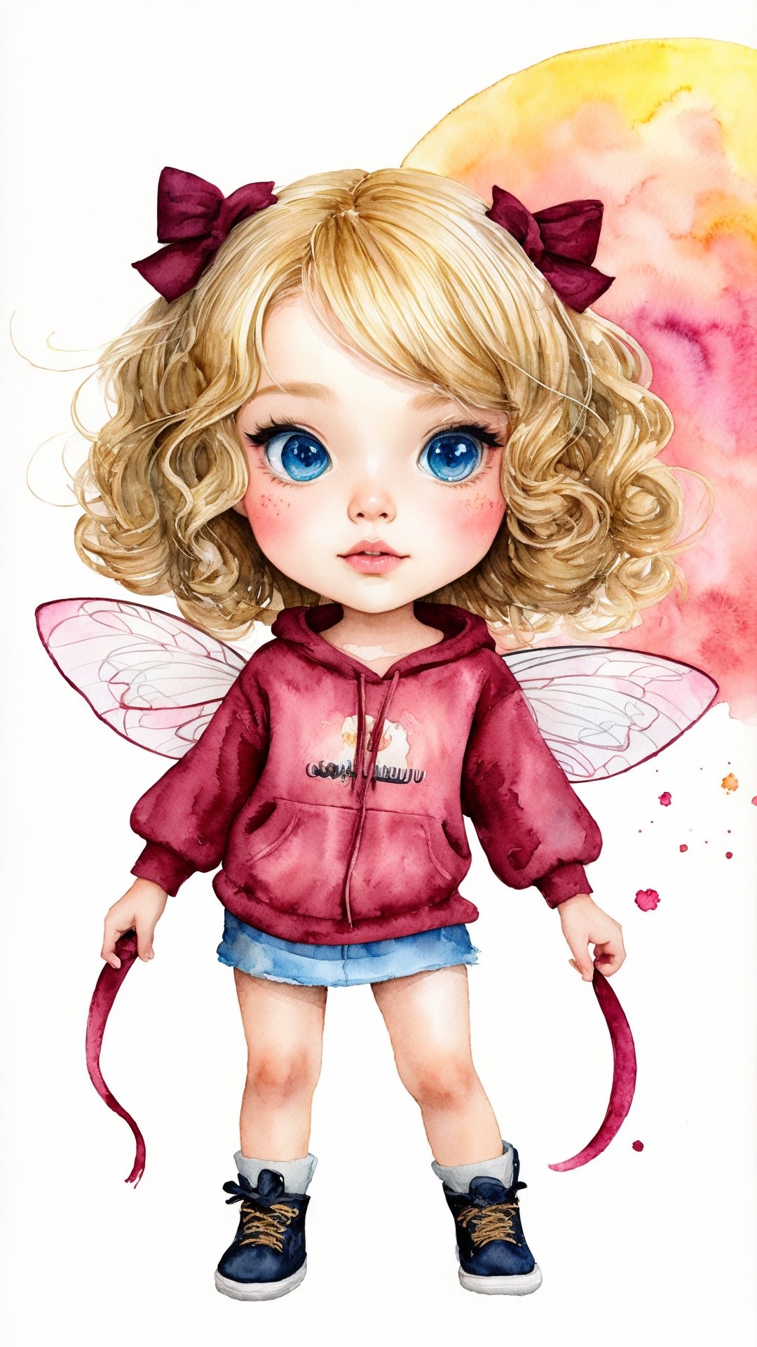 a little girl in a yellow hoody looking at the sunset ,in white Background, full body, drawing a face in maximum quality, high-quality drawing of the face, character sheet, illustration for book, children's book, curly hair, blond hair, watercolor clipart, full Illustration, 4k, sharp focus, watercolor, smooth soft skin, symmetrical, soft lighting, detailed face, concept art, watercolor style, strybk, children's style fairy tales, chibi kawaii, . Octane rendering, 3d, perfect face, detailed face, delicate face, perfect sharp lips, detailed eyes. Craig Davison, Aubrey Beardsley, Conrad Roset, Aikut Aidogdu, Agnes Cecil, watercolor style