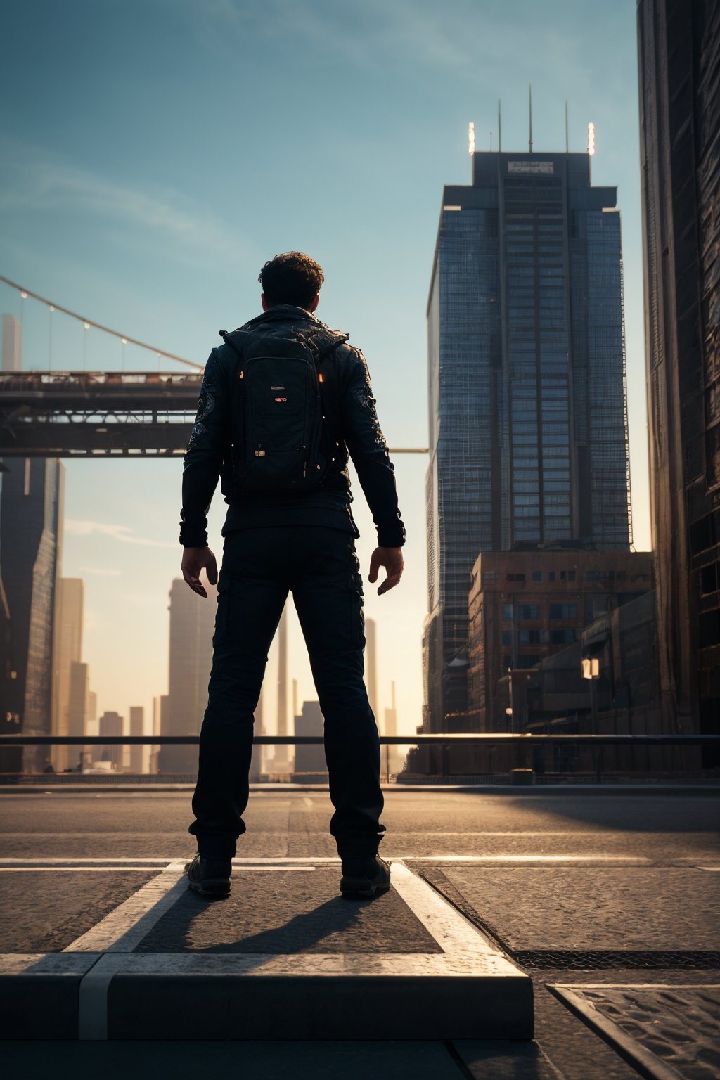 (8k unit wallpaper CG extremely detailed, masterpiece, best quality, ultra-detailed), (((solo)))), ((extremely wide shot:1.15)), a man on a bridge looking at a scifi city in the distance in the background, ((back view)), ((full body)), (high detail), (intricate details), intricate, magnificent scene, detailed environment, highly detailed environment, illustrator, (masterpiece).