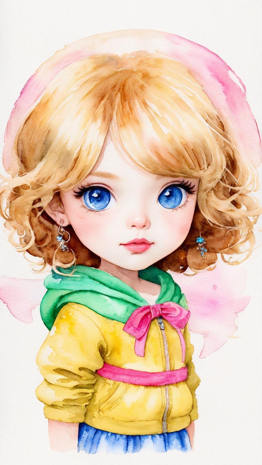 a little girl in a yellow hoody looking at the sunset ,in white Background, full body, drawing a face in maximum quality, high-quality drawing of the face, character sheet, illustration for book, children's book, curly hair, blond hair, watercolor clipart, full Illustration, 4k, sharp focus, watercolor, smooth soft skin, symmetrical, soft lighting, detailed face, concept art, watercolor style, strybk, children's style fairy tales, chibi kawaii, . Octane rendering, 3d, perfect face, detailed face, delicate face, perfect sharp lips, detailed eyes. Craig Davison, Aubrey Beardsley, Conrad Roset, Aikut Aidogdu, Agnes Cecil, watercolor style