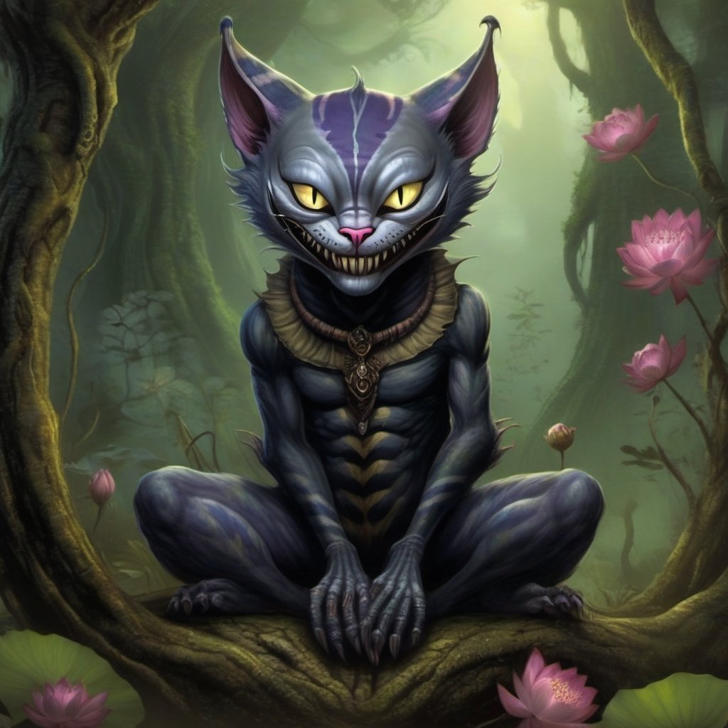 (american mcgee's) ((cheshire cat)) (sitting in a Lotus position) A grey evil Cheshire Cat resembling a sphinx with tattoos, with a long, slender body and a sunken belly, grinning mischievously, pointy tarted ears with pirate earings, with sparkling yellow eyes, lounging in a lotus position in the middle of a twisted forest. 64k, nightmare creature, muscles, xenomorph
