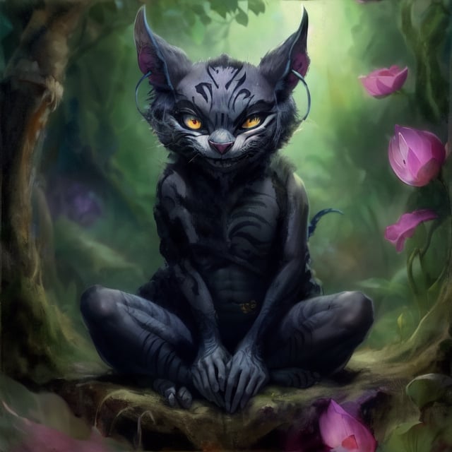 (american mcgee's) ((cheshire cat)) (sitting in a Lotus position) A grey evil Cheshire Cat resembling a sphinx with tattoos, with a long, slender body and a sunken belly, grinning mischievously, pointy tarted ears with pirate earings, with sparkling yellow eyes, lounging in a lotus position in the middle of a twisted forest. 64k, octane render, ,EpicSky