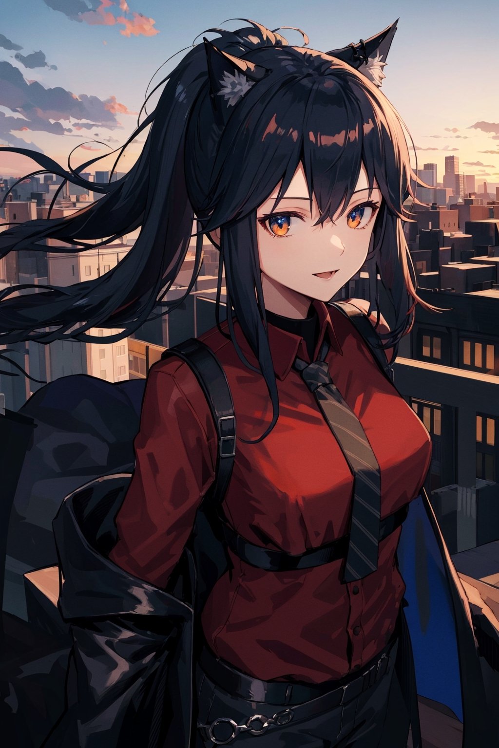 best quality, masterpiece, highres, 1girl, solo, Texas, Arknight, upper body, standing on the top of a building, twilight sky, close mouth, confident smile, confident posing, haze, wind