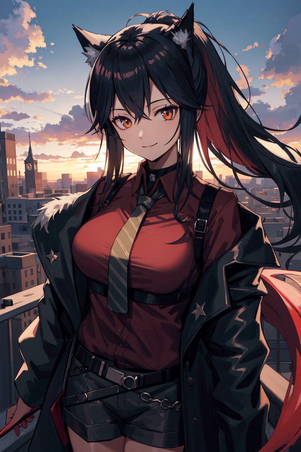 best quality, masterpiece, highres, 1girl, solo, Texas, Arknight, upper body, standing on the top of a building, twilight sky, close mouth, confident smile, confident posing, haze, wind