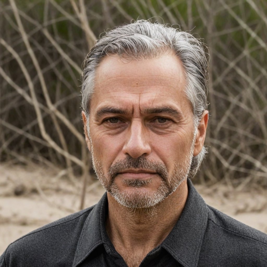 Closeup of a contemplative middle-aged man, salt-and-pepper hair, deep-set grey eyes, stubble.

