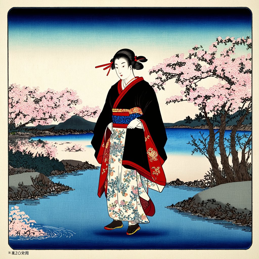 Woodcut print mode, high contrast, bold shapes, era 1600s, traditional Japanese kimono, solo, Edo period ukiyo-e style, Rating SFW, a person in traditional Japanese clothes walking along a riverbank with cherry blossoms, woodcut texture filter.
