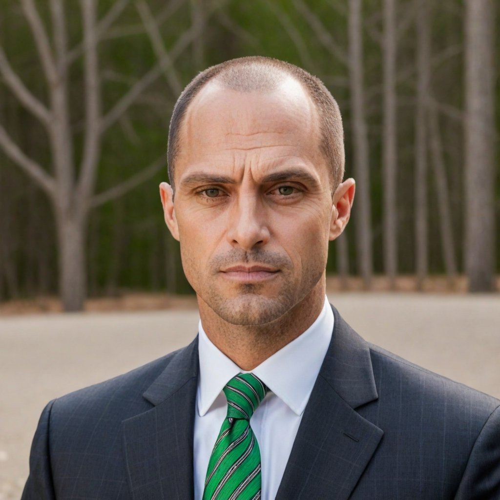 Closeup of a serious businessman, sharp jawline, intense green eyes, clean-shaven.
