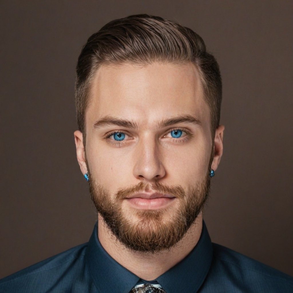 Closeup of a handsome young man, piercing blue eyes, meticulously groomed beard.
