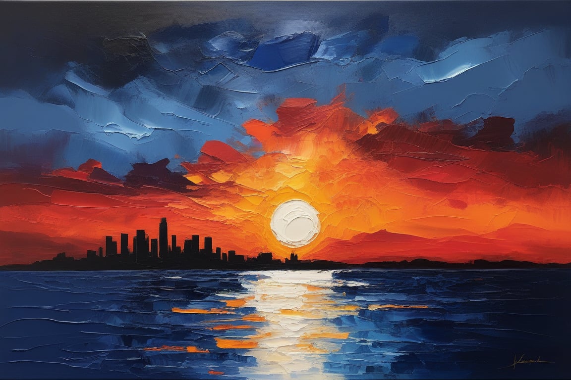 Here's a prompt for an SD model to generate an abstract, modern oil painting based on your input:

Create an oil painting featuring rough, large impasto brushstrokes depicting a minimalist sunset scene with a distant, modern building bathed in dramatic light. The sky transitions from dark blue at the top to lighter hues near the horizon. The building's white and warm tones remain consistent, with subtle highlights adding depth. Strong shadows create a chiaroscuro effect. The foreground is dark, emphasizing the bold silhouette of the structure against a serene, contrasting background.