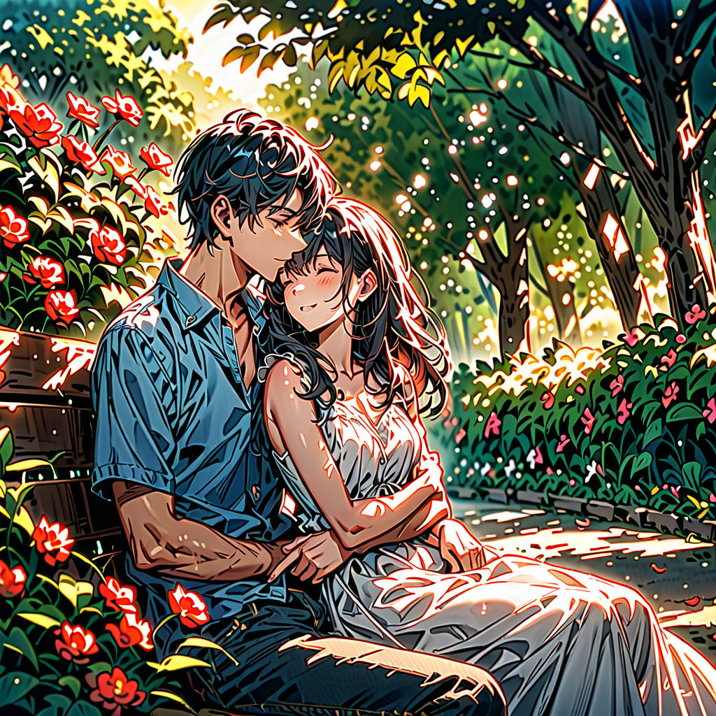 Golden hour at the park: A loving couple shares a tender gaze amidst lush greenery and vibrant blooms. Soft focus captures the warm glow of their faces as they bask in the sun's gentle caress. The man dons a light blue shirt and distressed denim, while the woman's flowing white dress billows softly in the breeze. Framed by the park's picturesque surroundings, this intimate moment radiates warmth and tranquility.