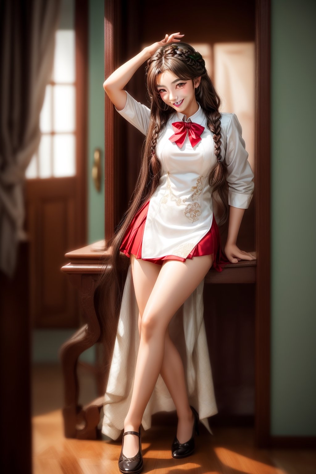 Braided_hair, 1girl, asian, long_hair, brown-hair, Indonesian_High_school_uniform, beauty, smile face, teeth, make-up, slim, tall, semi-muscular body, red_eye, sexy, medium busts, proportional thighs, 4K, intricate detail, highly-qualified pixels, smooth.