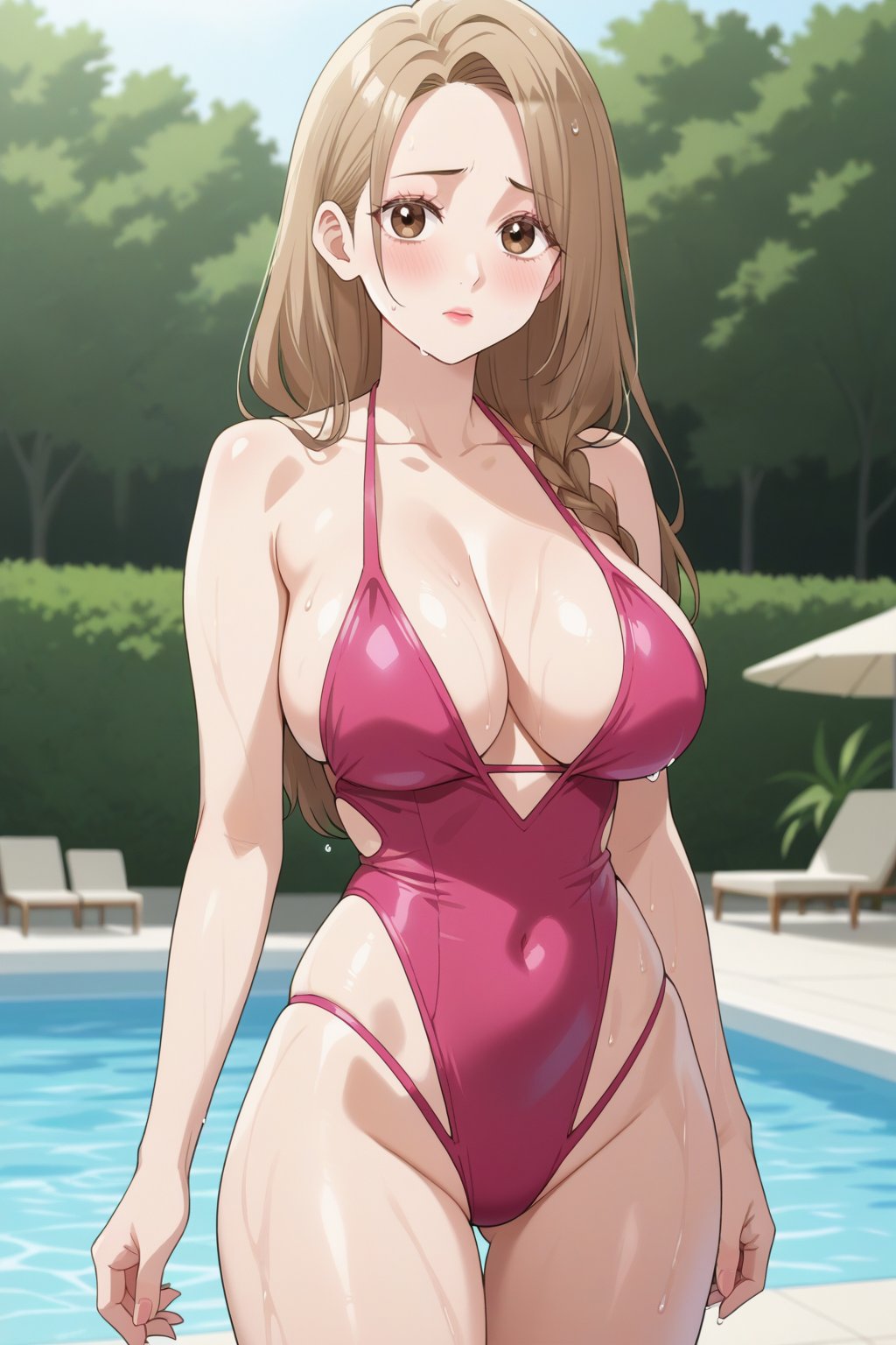 (masterpiece), best quality, high resolution, highly detailed, 1girl, beautiful face, (large breasts:1.3),  narrow waist, wide hip, legs,  anime_screencap,source_anime, score_9_up, score_8_up, (eyelashes), milf, poolside. standing, pose, (joy ride style:0.3), (oval_head:1.1), ((swimsuit)),,long hair, light brown hair,brown eyes, wet skins, shy,Eun Hye,