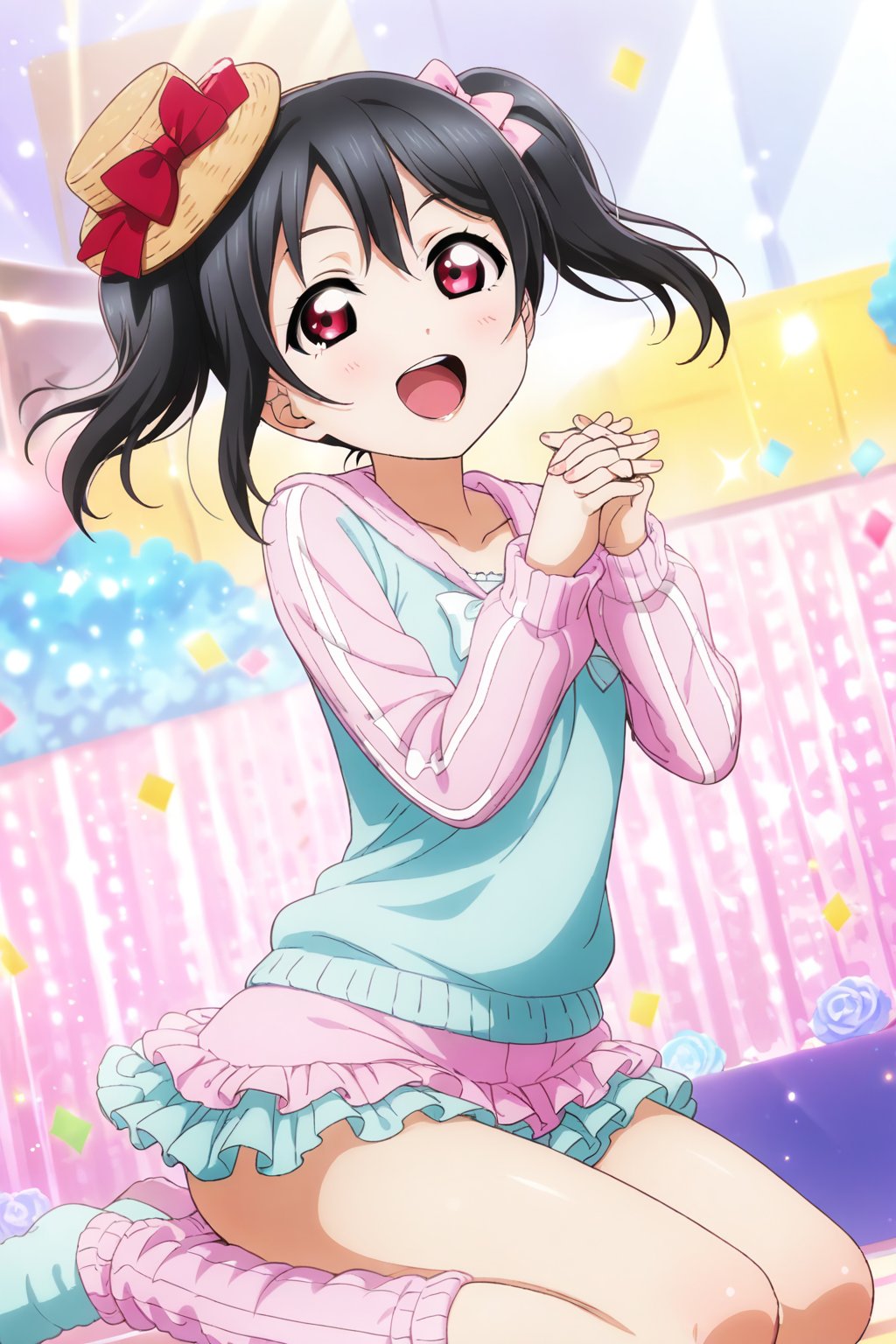 (masterpiece, high quality, better lighting, absurdres, best quality, illustration, ultra-detailed),
(cute, kawaii), ((1girl, solo)), smile, open mouth, looking at viewer, ADDCOMM

id_nico_yazawa, jumping, leg warmers, loungewear, micro shorts, birthday, own hands together, cake, (closed eyes), confetti, birthday hat,