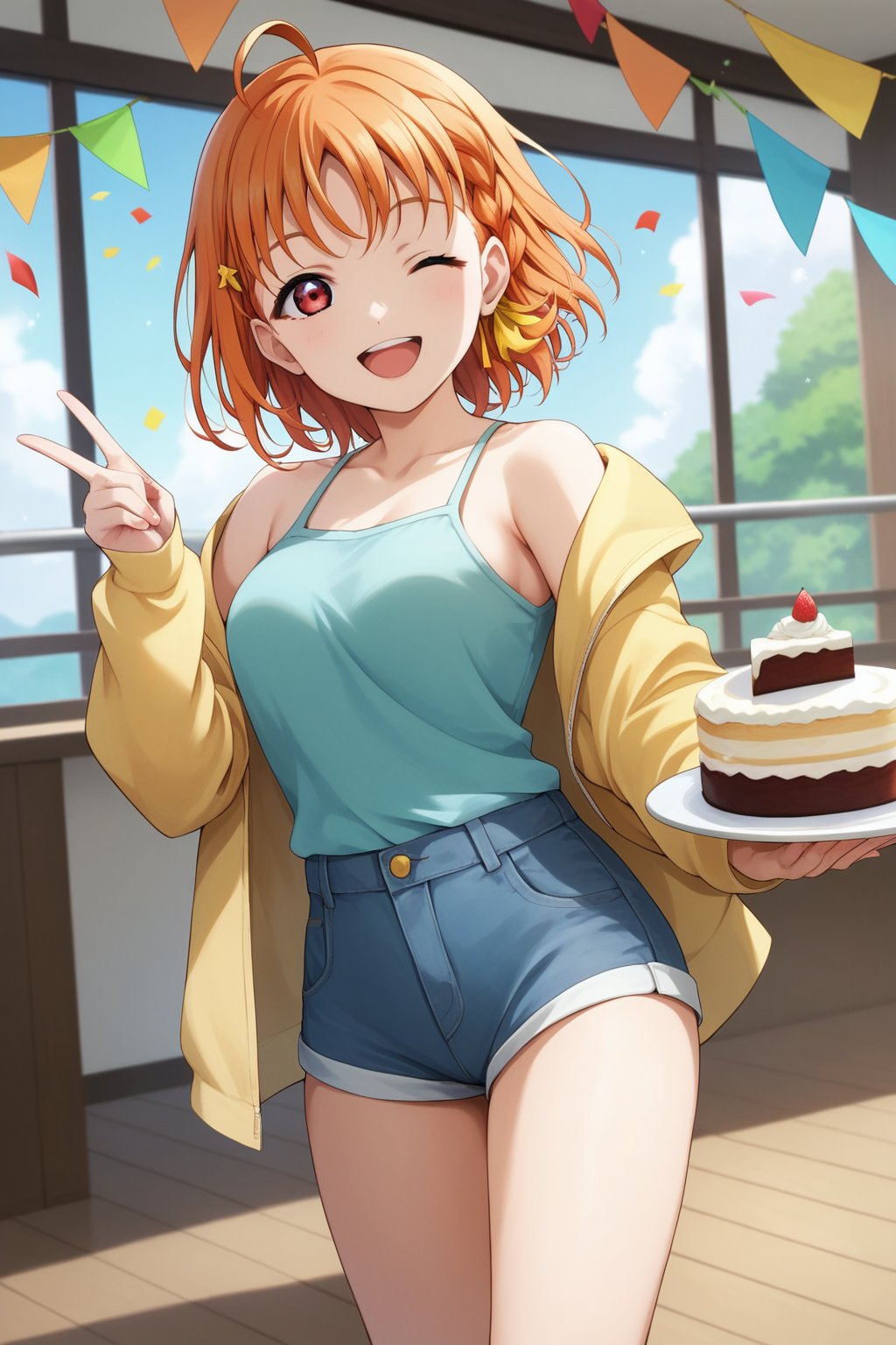 score_9, score_8_up, score_7_up, source_anime,

(cute, kawaii), ((1girl, solo)), smile, open mouth, looking at viewer, ADDCOMM

micro shorts, casual, holding orange, indoors, cake, confetti, (standing, legs together), one eye closed,

takami chika, 1girl, red eyes, orange hair, ahoge, short hair, braid, side braid