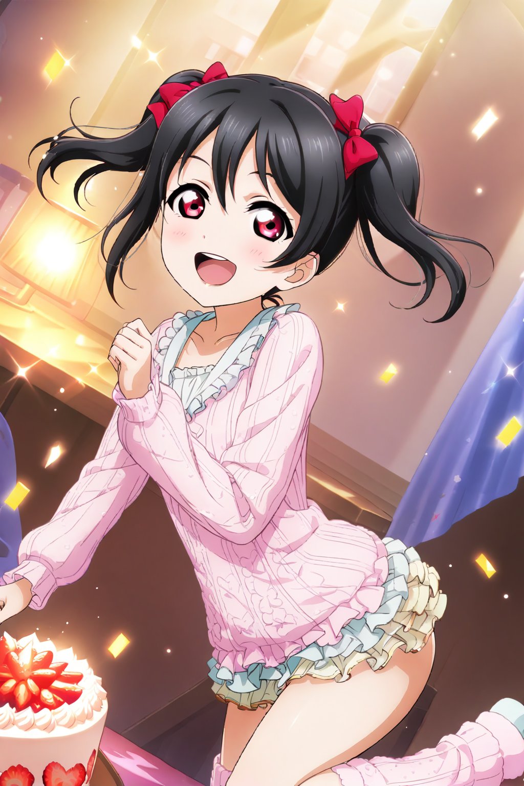 (masterpiece, high quality, better lighting, absurdres, best quality, illustration, ultra-detailed),
(cute, kawaii), ((1girl, solo)), smile, open mouth, looking at viewer, ADDCOMM

id_nico_yazawa, jumping, leg warmers, loungewear, micro shorts, birthday, cake, closed eyes, confetti, 